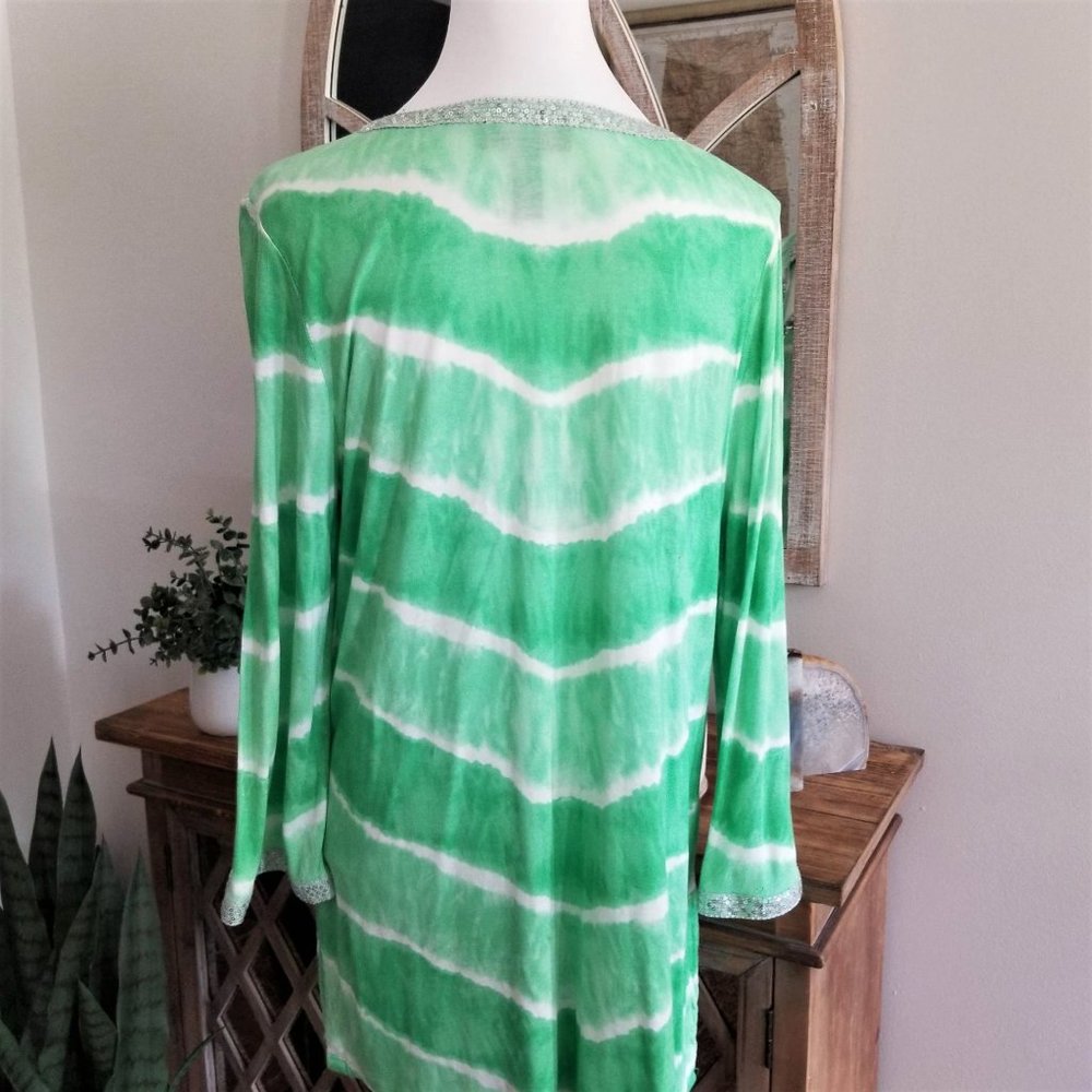 INC International Concepts Top Tunic Green & White Tie Dye Sequins Size 0X - Picture 6 of 12